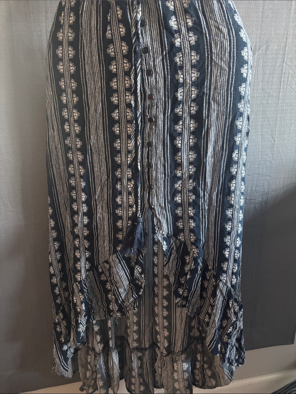 Band of Gypsies Navy and White High-Low Button Front Maxi Skirt